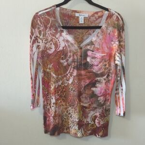 Style & Co 3/4 Sleeve Floral + Paisley Henley Sequin Pocket Y2K Women's Size M
